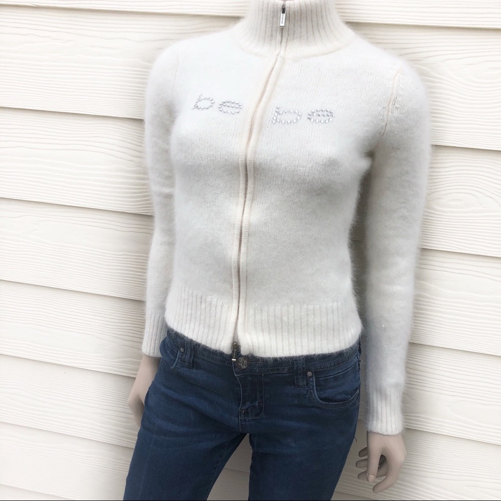 Bebe sequin logo fuzzy zip-down cardigan sweater
